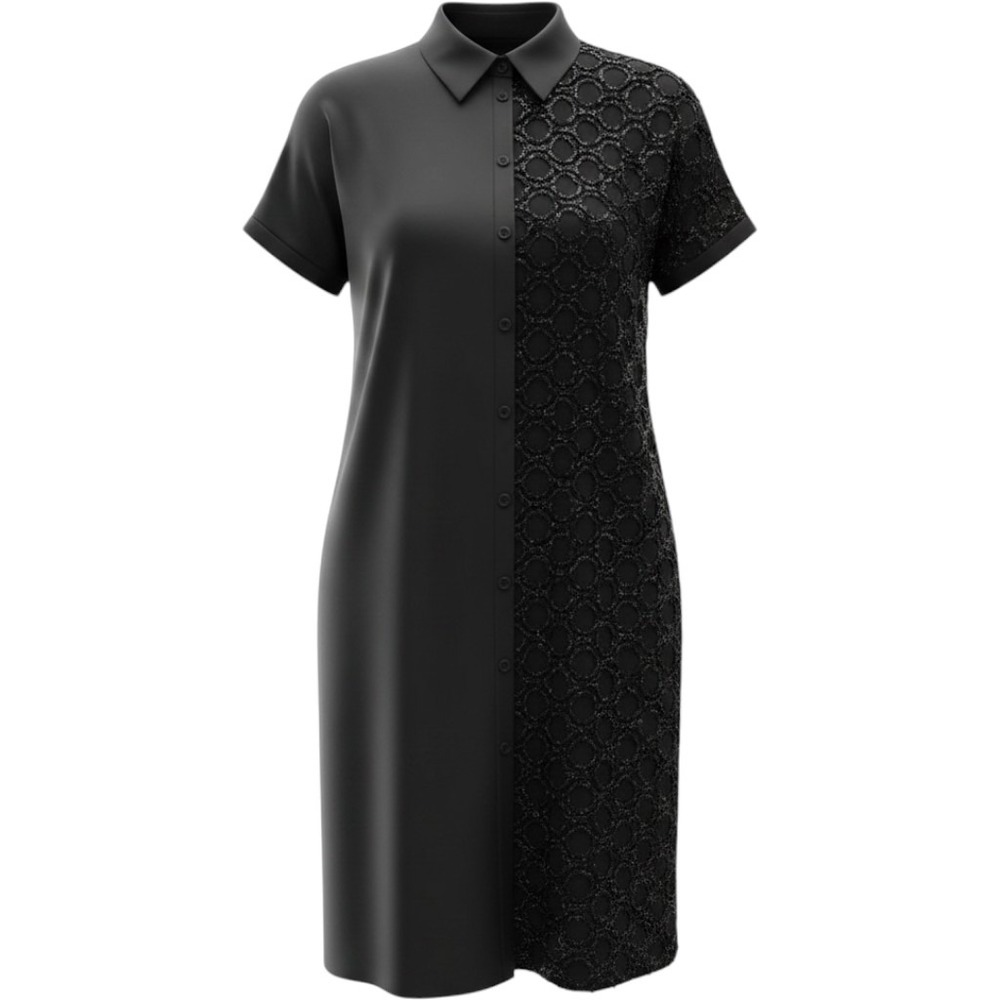 Beulah Style Black Asymmetrical Shimmer Lattice Button Down Shirt Dress DJ3028